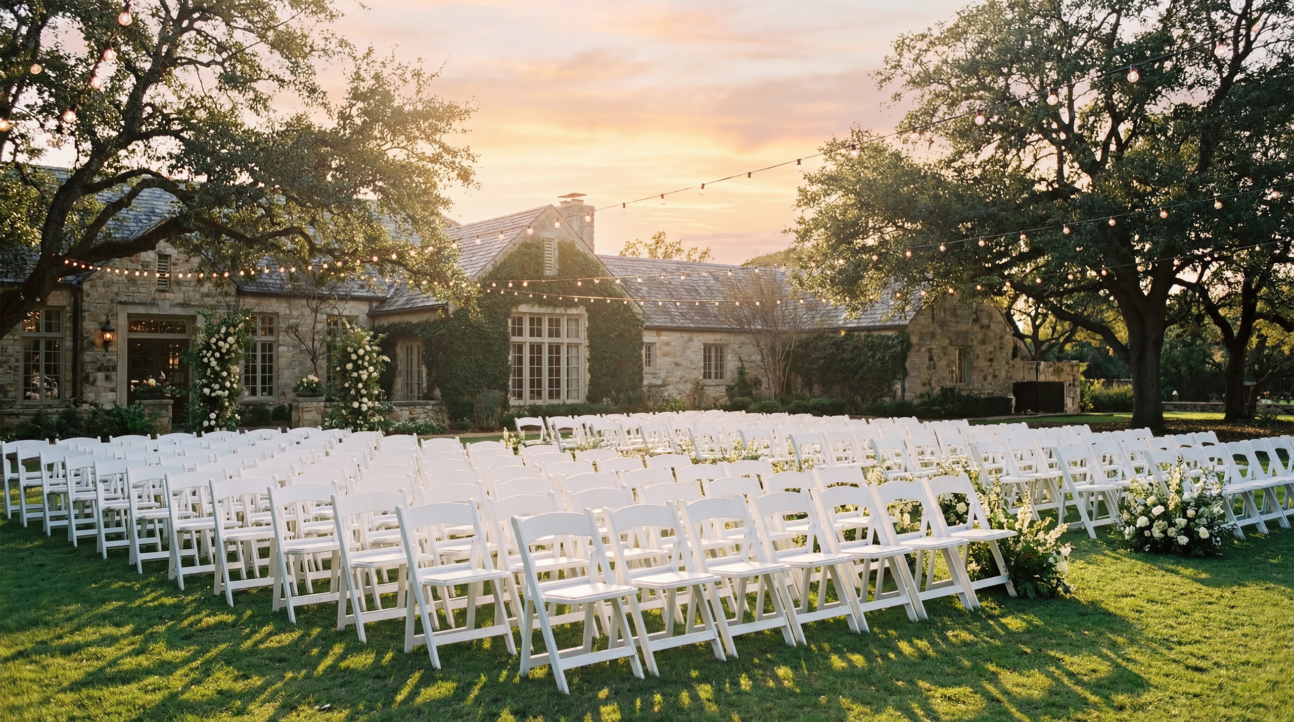 Wedding reception with rented tables chairs linens and dance floor
